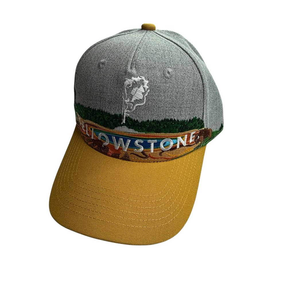 New NWOT Yellowstone Gray and Yellow Cap Hat Hiking Backpacking Embroidered